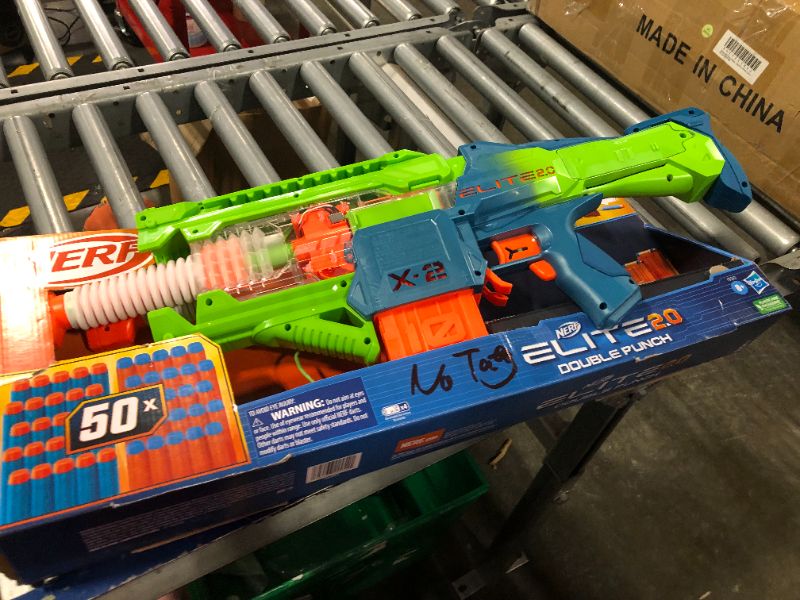 Photo 1 of ** FOR PARTS** Nerf Elite 2.0 Double Punch Motorized Dart Blaster, Rapid Alternating Barrels, 50 Nerf Elite Darts, 2X 10-Dart Clips, Ages 8 & Up
