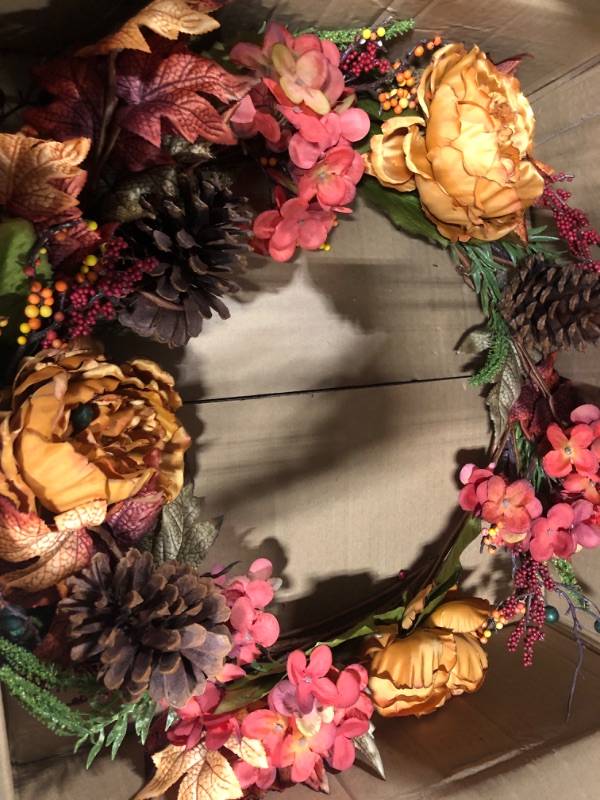 Photo 2 of 25in. Fall Ranunculus, Hydrangea and Berries Autumn Artificial Wreath