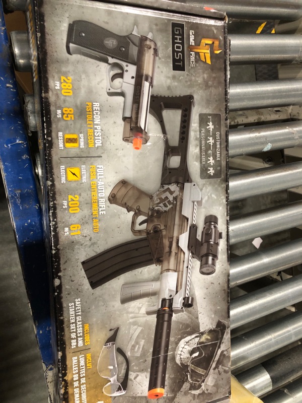 Photo 3 of GAME FACE GFRPKTGS Ghost Affliction Full-Auto Airsoft BB Rifle And Spring-Powered Pistol Kit With Safety Glasses And BB's, (Grey/Smoke)