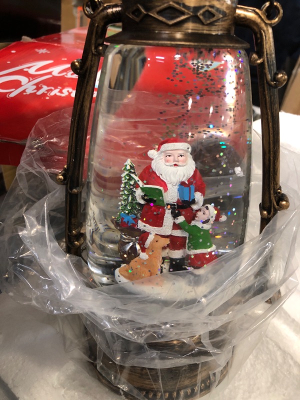 Photo 2 of 12.5In High Christmas Snowman Snow Globe, Musical Santa Big Lantern with 6 Hour Timer USB Lined/Battery Operated Lighted Retro Style Holiday Glitter Globe for Xmas Table Decoration and Santa Gifts