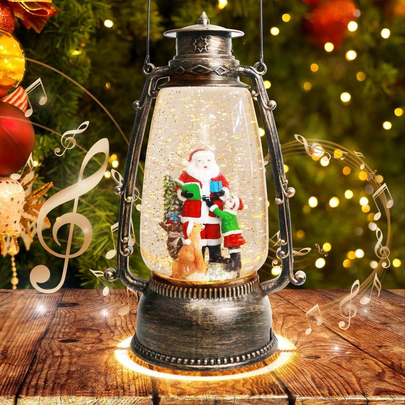 Photo 1 of 12.5In High Christmas Snowman Snow Globe, Musical Santa Big Lantern with 6 Hour Timer USB Lined/Battery Operated Lighted Retro Style Holiday Glitter Globe for Xmas Table Decoration and Santa Gifts