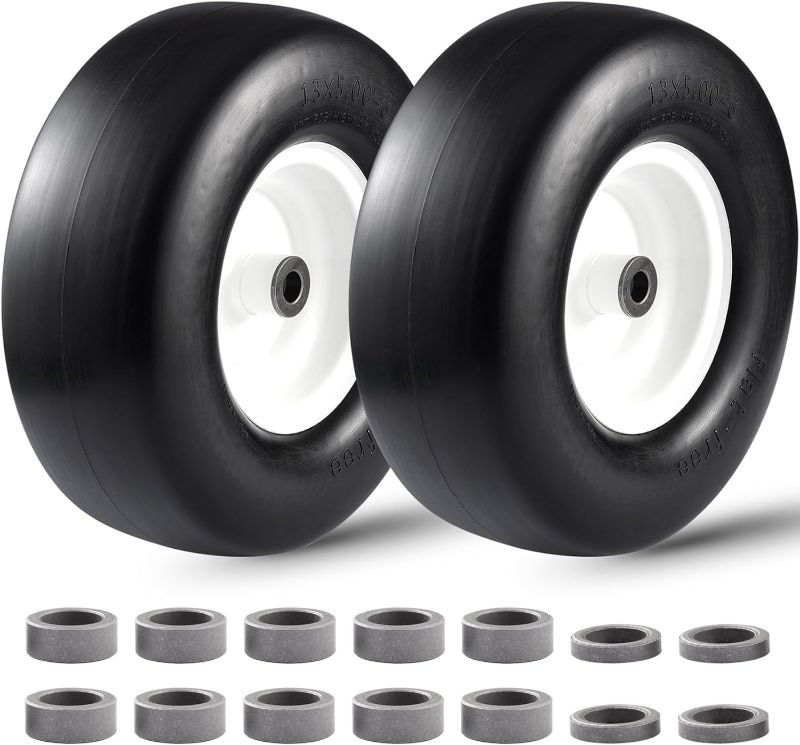 Photo 1 of 13x5.00-6" Flat Free Lawn Mower Tire, Zero Turn Mower Front Tire,Lawn Garden Turf Solid Tire and Wheel Assembly with Steel Rim, 3/4" Grease Bushing and 3.25"-5.9" Centered Hub, 2 pack