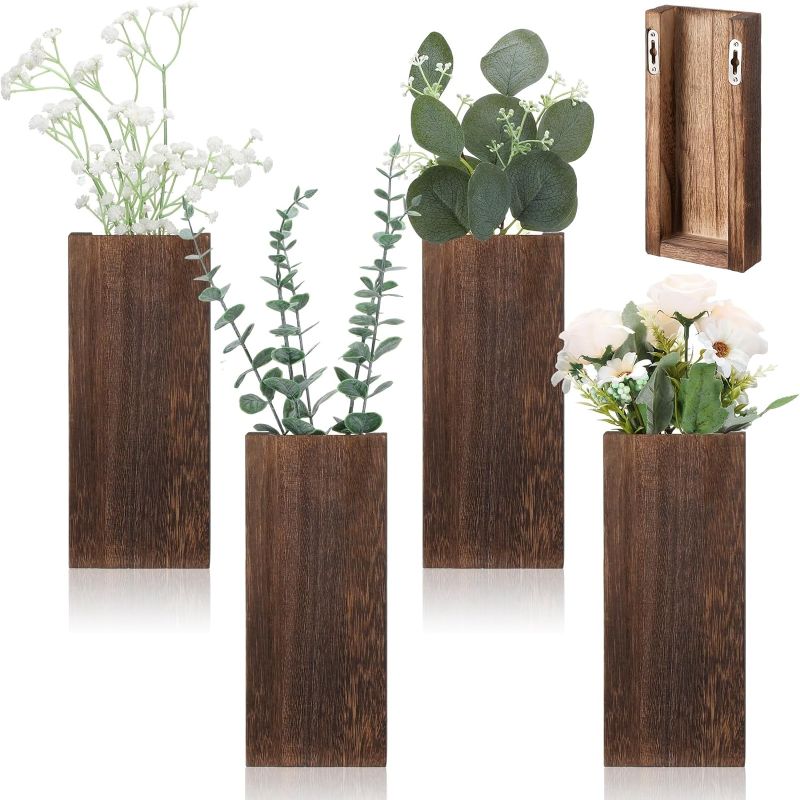 Photo 1 of 4 Pack Wood Wall Planter for Dried Flowers and Artificial Greenery Indoor Plants Holder, Wood Wall Decor Wooden Pocket Vase Modern Farmhouse Wall Hanging Planter for Living Room Bedroom Home