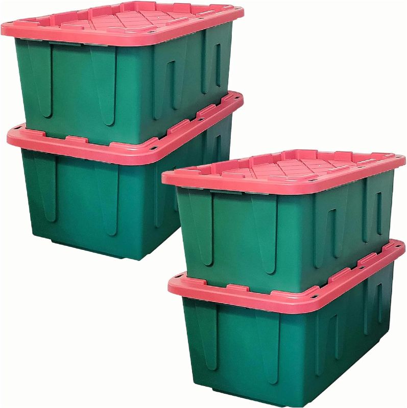 Photo 1 of  27-Gallon Stackable Plastic Holiday Storage Container, Heavy-Duty Nesting Christmas Storage Bins with 4-Way Handles, Green/Red, 6 Pack