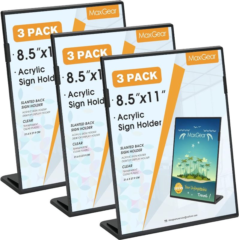 Photo 1 of MaxGear Acrylic Sign Holder 8.5 X 11 inches 3 Pack, Heavy Duty Slant Back Sign Holders Plastic Table Paper Display Stand, Fall Resistant Acrylic Sign Frames for Office, Store, Restaurant, Black