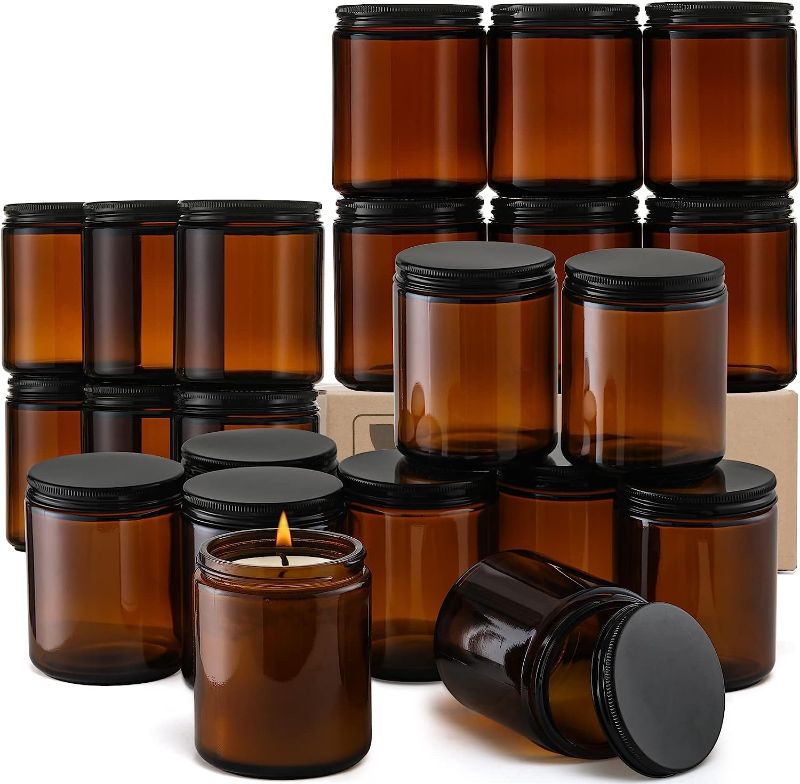 Photo 1 of 24 Pack 8oz Amber Glass Jars with Black Lids - For Candle Making, Food Storage, Canning, Spices, Liquids - Leakproof & Dishwasher Safe