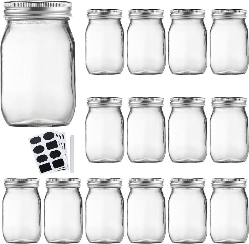 Photo 1 of Accguan 16oz Glass Mason Jars with Regular Airtight Lids Ideal for Jam,Honey,Shower/Wedding Favors, Clear, 15 pack