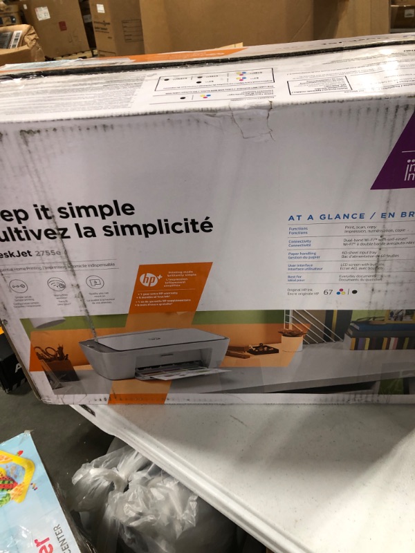 Photo 1 of HP DeskJet 2755e Wireless Color All-in-One Printer with bonus 6 months Instant Ink (26K67A), white