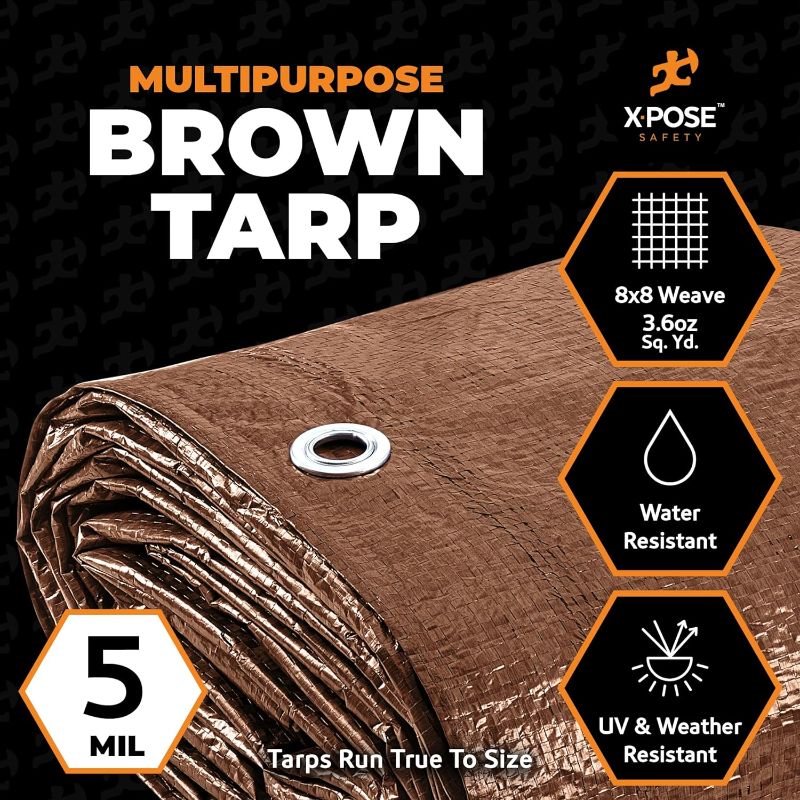Photo 1 of 20' x 30' Super Heavy Duty 16 Mil Brown Poly Tarp Cover - Thick Waterproof, UV Resistant, Rip and Tear Proof Tarpaulin with Grommets and Reinforced Edges - by Xpose Safety