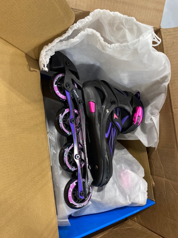 Photo 2 of 2PM SPORTS Vinal Girls Adjustable Flashing Inline Skates, All Wheels Light Up, Fun Illuminating Skates for Kids and Men- Azure Small (1Y-4Y US) Violet & Magenta Large - Youth (4-7 US)