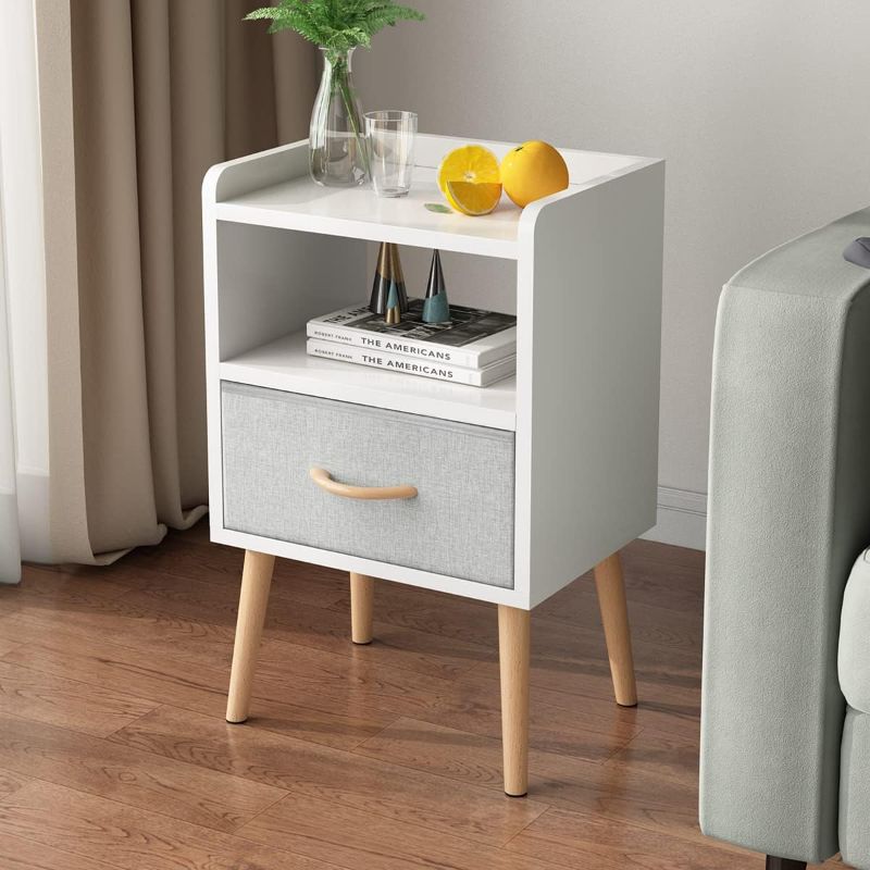 Photo 2 of ***DAMAGED**LUCKNOCK Night Stand with Fabric Drawer, Bedside Table with Solid Wood Legs, Minimalist and Practical End Side Table with Open Storage Shelf for Bedroom, White.