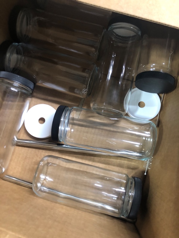 Photo 3 of [ 8 Pack ] Glass Juicing Bottles with 2 Straws & 2 Lids w Hole- 16 OZ Travel Drinking Jars, Water Cups with Black Airtight Lids, Reusable Tall Mason Jar for Juice, Boba, Smoothie, Tea, Kombucha Style-2-Black Lids