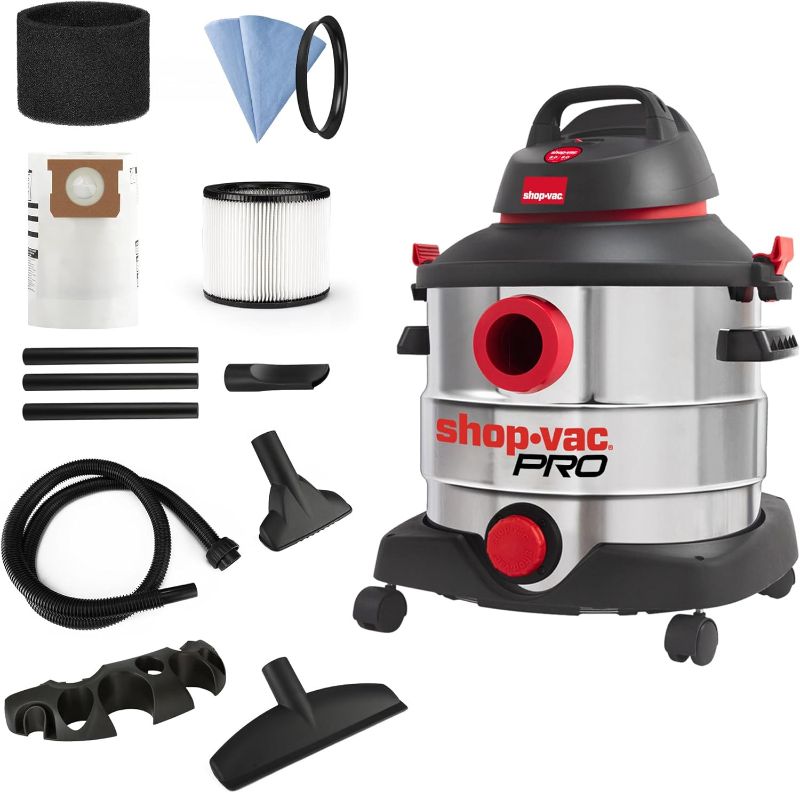 Photo 1 of **nEW oPENED**Shop-Vac 8 Gallon 6.0 Peak HP Wet/Dry Vacuum, Stainless Steel Tank, Portable Shop Vacuum with Multifunctional Attachments for Jobsite, Garage & Workshop. 