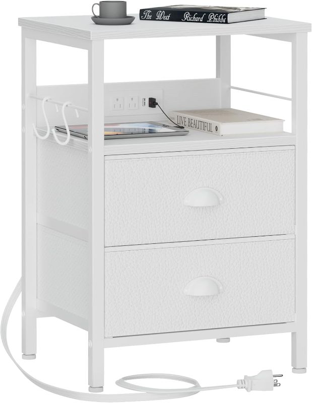 Photo 1 of **New Opened**Furologee End Table with Charging Station, Nightstand with Fabric Drawers, Side Tables with USB Ports & Outlets, Night Stand with Storage Shelf & Hooks, for Living Room/Bedroom, White