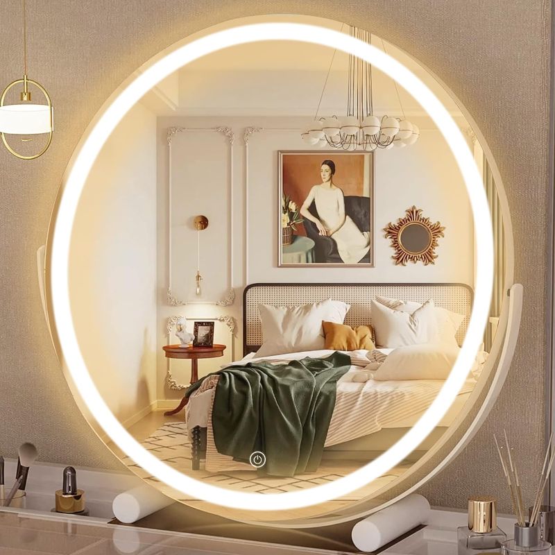 Photo 1 of  BLACK Hasipu Vanity Mirror with Lights, 18" LED Lighted Smart Touch Control 3 Colors Dimmable Round Mirror 360°Rotation White
