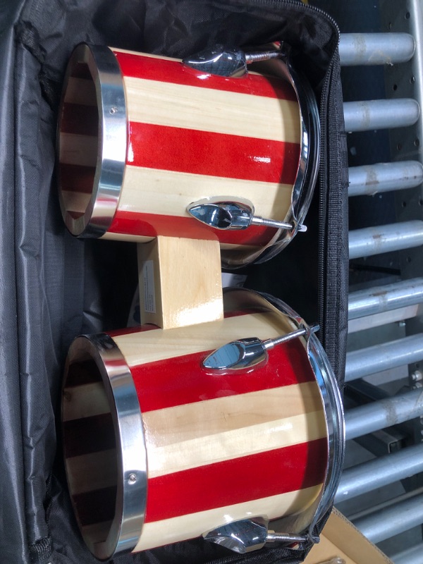 Photo 3 of **Used/Good Condition**RockJam 7" and 8" Bongo Drum Set with Padded Bag and Tuning Key, Red and Natural Stripe