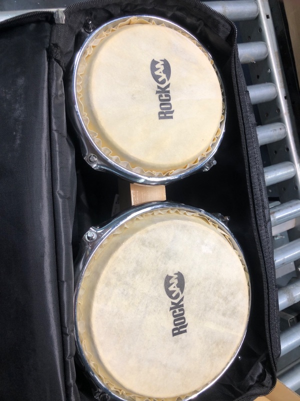 Photo 4 of **Used/Good Condition**RockJam 7" and 8" Bongo Drum Set with Padded Bag and Tuning Key, Red and Natural Stripe