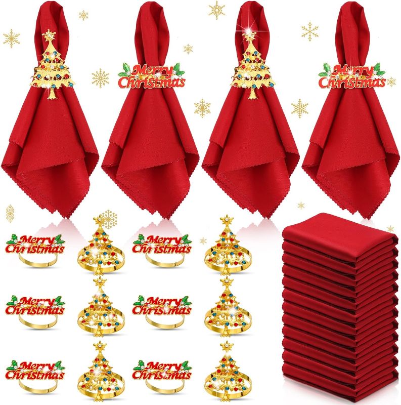 Photo 1 of 24 Pcs Christmas Napkins and Ring Set 12 Pcs Red Washable Christmas Napkins Cloth and 12 Pcs Christmas Napkin Rings Holder for Holiday Dinner Party(Metal, Letter, Christmas Tree)