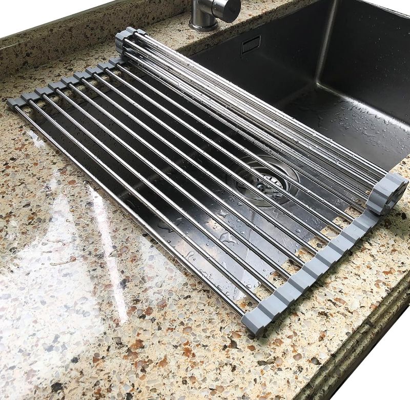 Photo 1 of *New open**Tomorotec Roll Up Dish Drying Rack Over The Sink Grey Large Dish Drying Rack Rolling Foldable Collapsible SUS304 Stainless Steel Multipurpose Dish Drainer for Kitchen Counter (21”x15.7”)