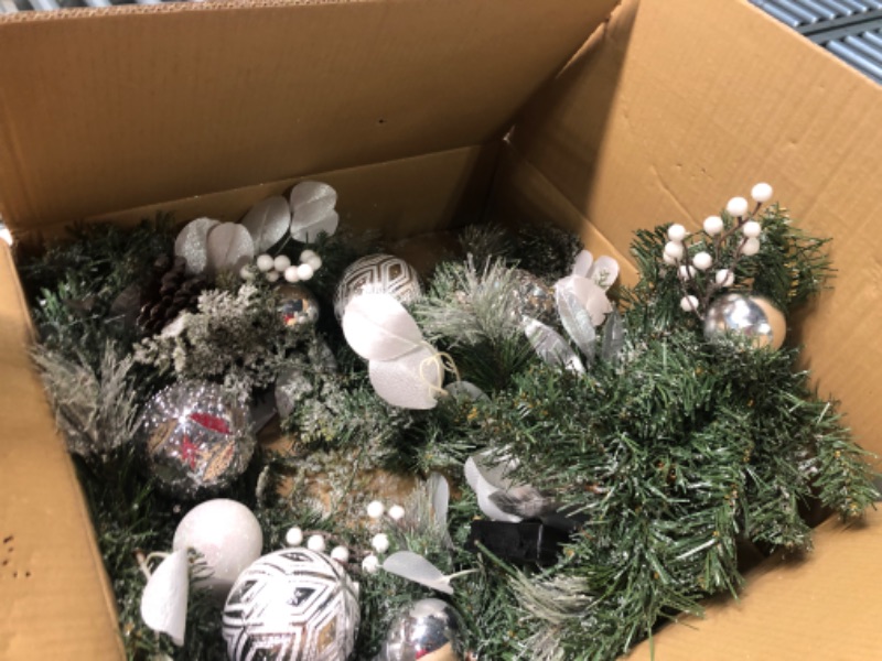 Photo 3 of **Lightly Used/Missing Parts**Valery Madelyn PreLit 26 inch Silver White Christmas Wreath Outdoor Decorations for Front Door with Large Ball Ornament, Battery Operated 20 LED Lights, Mantle Decoration Fireplace Xmas Decor