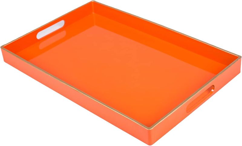 Photo 1 of **Open New**MAONAME Orange Serving Tray with Handles, Modern Decorative Tray for Coffee Table, Plastic Rectangular Tray for Ottoman, Bathroom, Halloween Decor, 15.75” x 10.2” x1.57