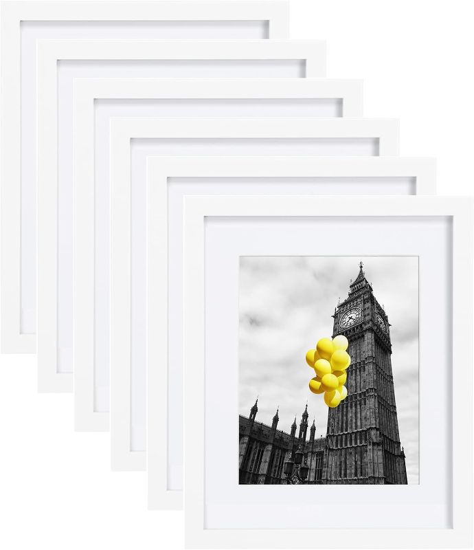 Photo 1 of 11x14 Picture Frame Set of 6 with Plexiglass, Display Pictures 8x10 with Mat or 11x14 Without Mat for Tabletop Display and Wall Mounting, White