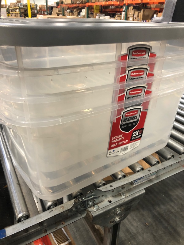 Photo 2 of Rubbermaid Roughneck Clear 66 Qt/16.5 Gal Storage Containers, Pack of 5 with Snap-Fit Grey Lids, Visible Base, Sturdy and Stackable, Great for Storage and Organization Snap-Fit Lids 66 Qt - 4 Pack