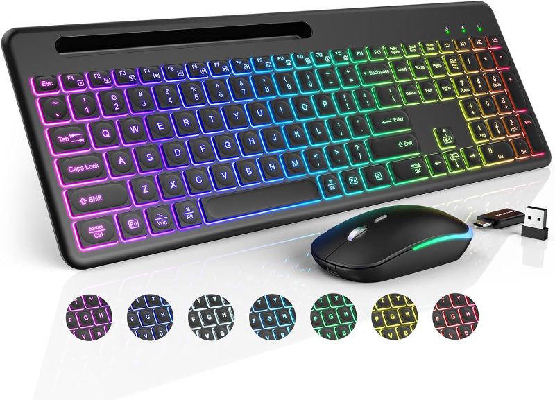 Photo 1 of ***NO CORDS OR USB DONGLES***

Wireless Keyboard and Mouse with 15 Backlit Effects, Rechargeable Keyboard Mouse Combo with Phone Holder, 2.4G Lag-Free, Silent Light Up Keyboard & Mouse Set for Windows, Mac, PC, Laptop -by SABLUTE
