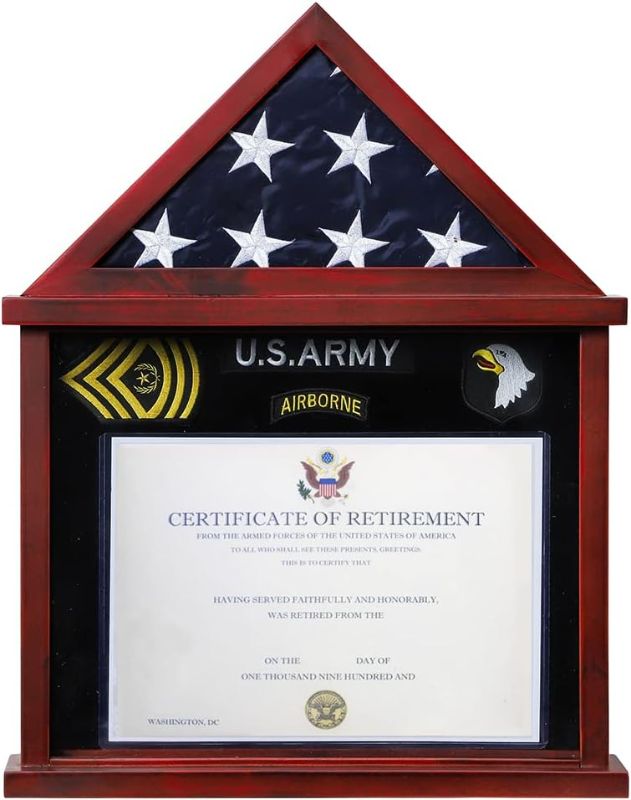 Photo 1 of Flag Display Case for Folded 3'x5' Americian Flag with Certificate & Document Holder Display Frame Military Shadow Box for Army Navy Air Force Veterans, Solid Wood Mahogany Finish