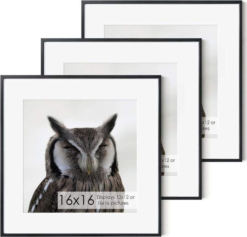 Photo 4 of 16x16 Metal Picture Frame with 12x12 Mat, Brushed Aluminum Finish, Tempered Glass Front, and Attached Hanging Hardware - Wall Display Frames for Vertical or Horizontal Set of 3 - Black