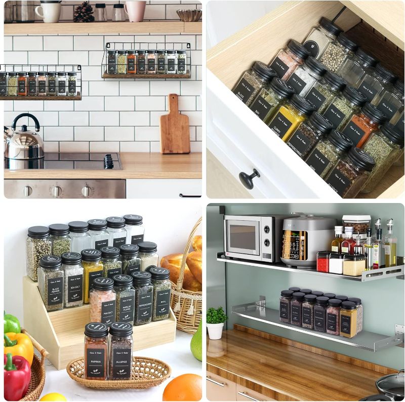 Photo 1 of 48 Spice Jars with 547 Labels- Glass Spice Jars with Black Metal Caps, 4oz Empty Spice Containers with Shaker Lids, Funnel, Chalk Pen, Churboro Square Seasoning Bottles for Spice Rack, Drawer, Cabinet