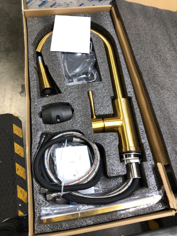 Photo 1 of Touchless Kitchen Faucet with Pull Down Sprayer, Motion Sensor Kitchen Faucet with Kitchen Soap Dispenser, Single Handle High Arc Pull Out Faucet for Kitchen Sink RV Kitchen, Gold Touchless Gold