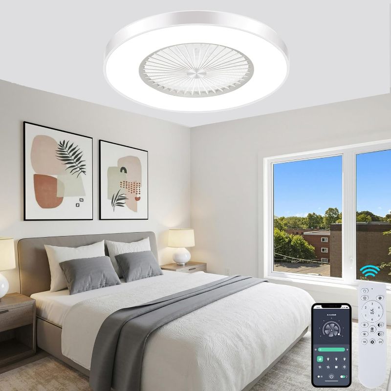 Photo 3 of **** NEEDS MOUNT SET**** KAMLAM 24" Low Profile Ceiling Fan with Light, Bladeless Ceiling Fans with Light and Remote/APP Control?Modern Flush Mount Enclosed Ceiling Fans, 3 Colors Dimmable LED 6 Speeds Reversible Timing