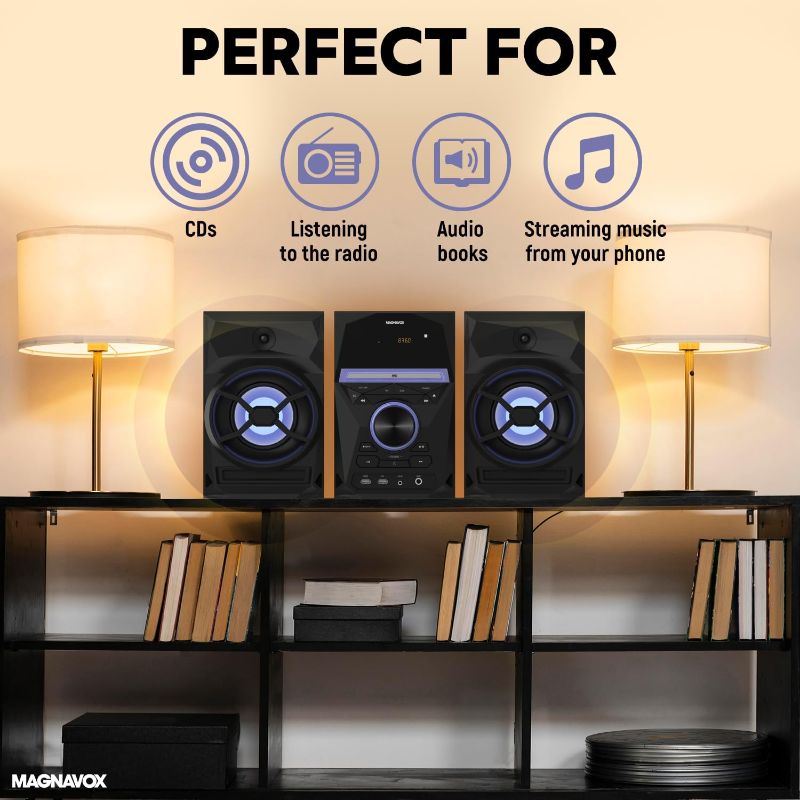 Photo 4 of Magnavox 3-Piece CD Shelf System with Bluetooth, FM Radio, Remote Control, Colored Speaker Lights, LED Display, AUX Port - Black