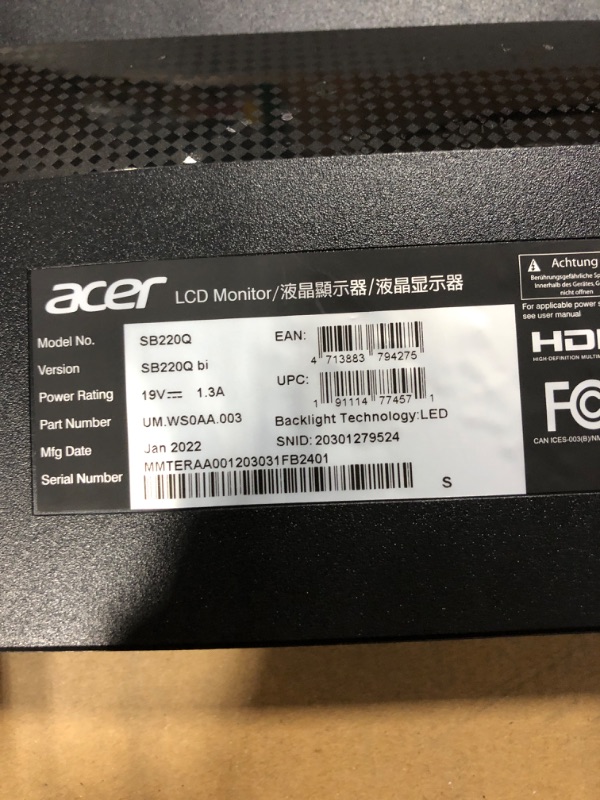 Photo 4 of **FOR PARTS ONLY ** ACER 2b0 series 22 FHD LED 21.5"/55cm Viewable model number SB220Q