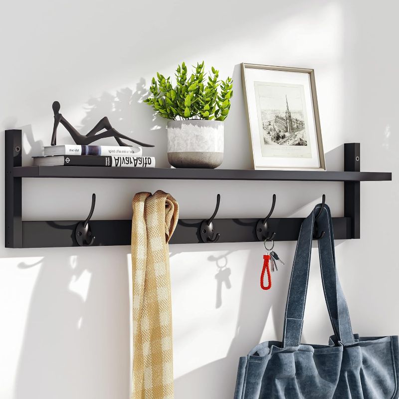 Photo 1 of BAMEOS Wall-Mounted Shelf with Hooks - 28.9 Inch Entryway Hanging Shelf with 5 Dual Hooks for Bathroom, Living Room, Bedroom (Black)
**DAMAGED BOX**