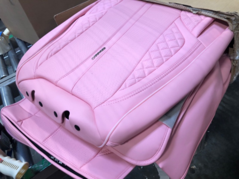 Photo 3 of CAR PASS Nappa Pink Leather Car Seat Covers Full Set Cute for Women Waterproof Cushioned,Universal Fit for Sedan SUV Pick-up Truck,Automotive, Anti-Slip Front and Backseat Luxury Premium (Pink) Pink Full sets