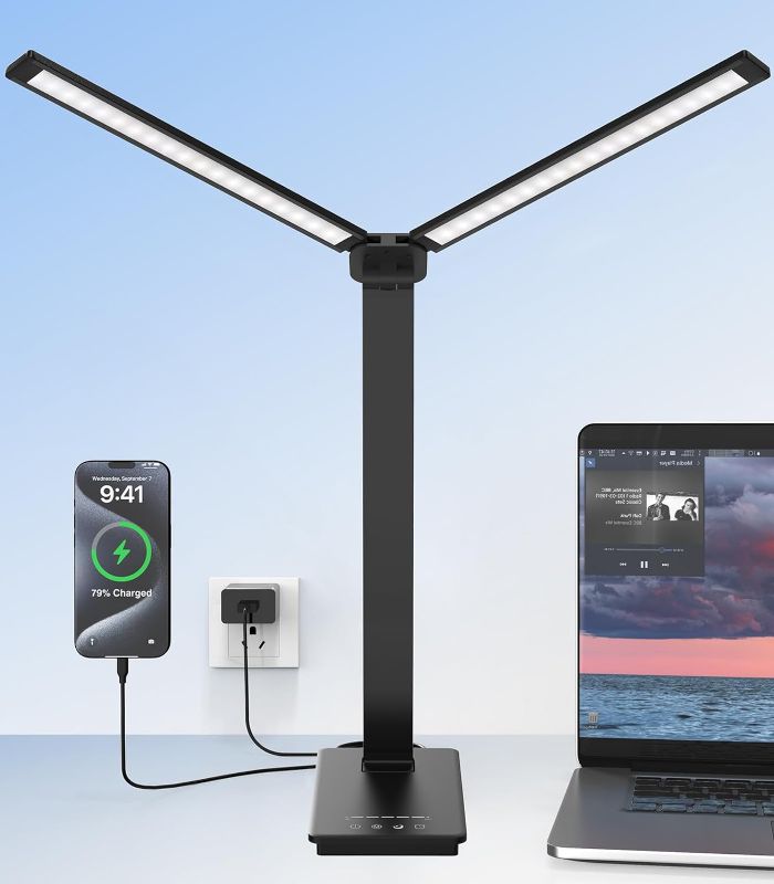 Photo 1 of HSicily LED Desk Lamp with USB Charging Port, Black Desk Lamps Bright Desk Light with Night Light, Timer and 5 Light Modes for Home Office College Dorm Room
