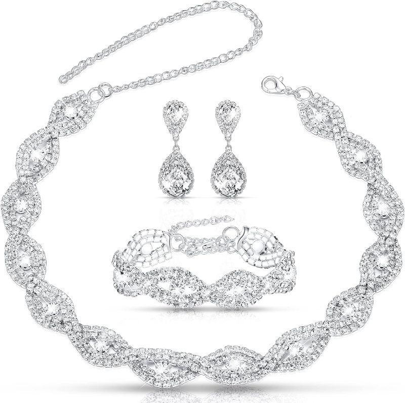 Photo 1 of 3 Pcs Women Crystal Jewelry Set Includes Bridal Wedding Rhinestone Choker Necklace Crystal Bracelets and Dangle Earrings
