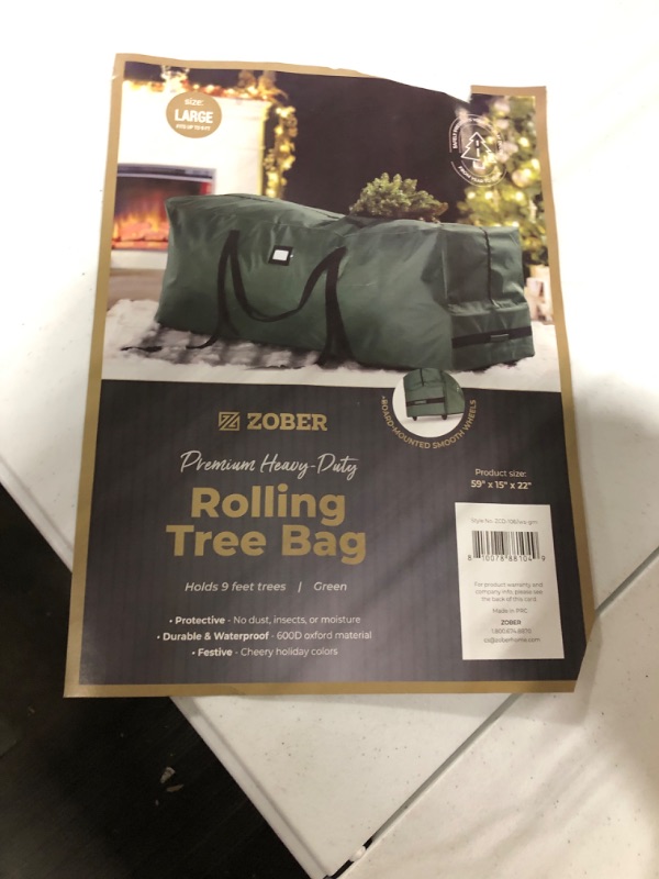 Photo 2 of Zober Rolling Large Christmas Tree Storage Bag - Fits Upto 9 ft. Artificial Disassembled Trees, Durable Handles & Wheels for Easy Carrying and Transport - 600D Durable Fabric 2 Wheels Green