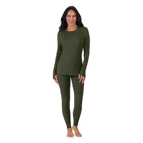 Photo 1 of Cuddl Duds Thermal Underwear Long Johns for Women Fleece Lined Cold Weather Base Layer Top and Leggings Bottom Winter Set - Hunter Green, Small