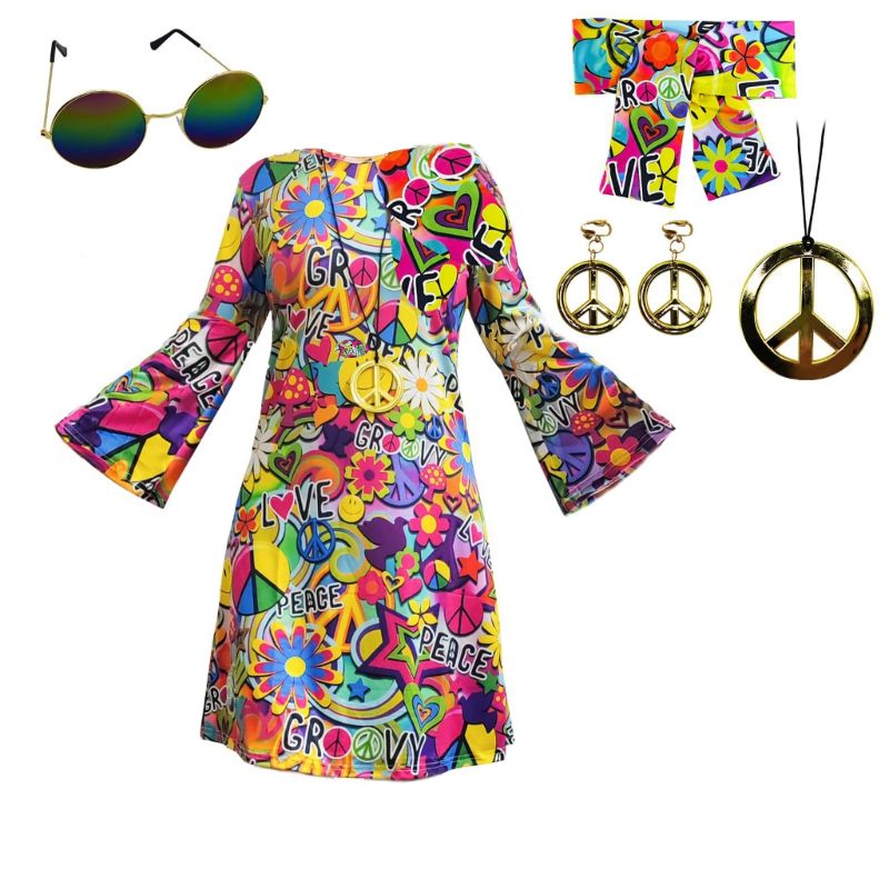 Photo 1 of 70s Women's Happie Costume Retro Print Flared Sleeve Dress with Headband Glasses Necklace Earrings Disco Costume Masquerade Halloween Cosplay Gift
