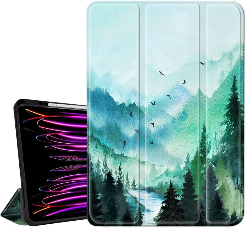 Photo 1 of Hi Space iPad Pro 11 inch Case 2022 2021 2020 2018 4th 3rd 2nd 1st Generation with Pencil Holder, Mountain Landscape Painting Teal Trifold Stand Protective Shockproof Cover Auto Sleep Wake
