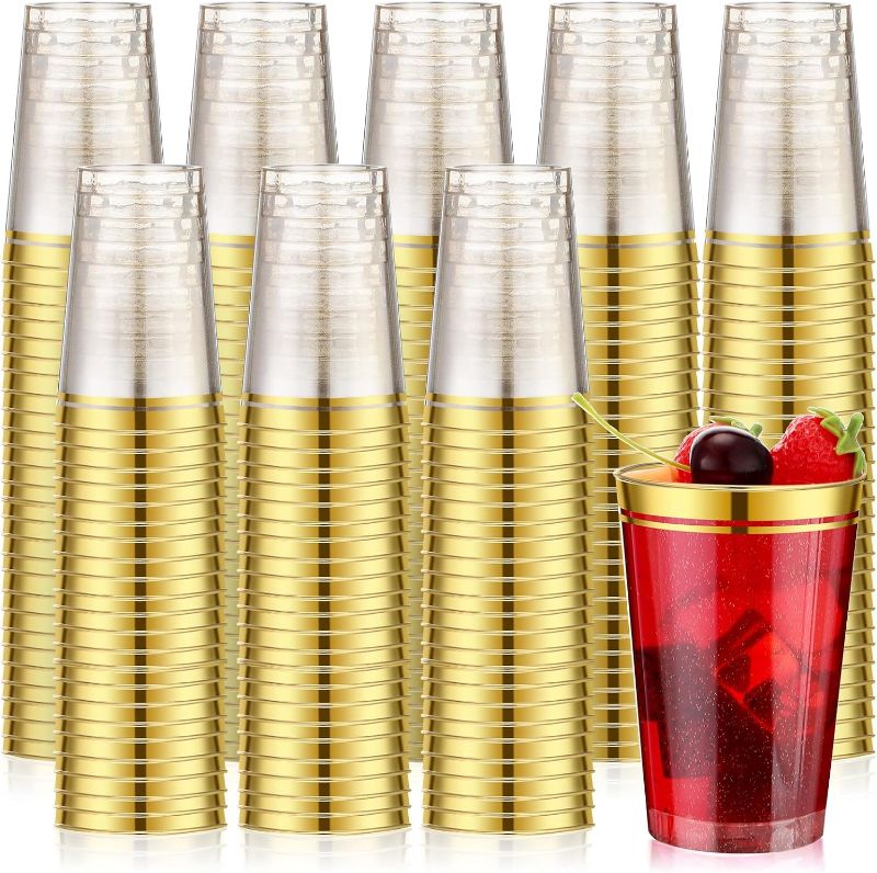 Photo 1 of Didaey 200 Double Rimmed Plastic Cups Bulk Clear Hard Plastic Cups Disposable Wedding Cups Fancy Plastic Wine Glasses Elegant Cups for Party Birthday Bridal Shower Baby Shower Favors (Gold, 16oz) Gold 16oz