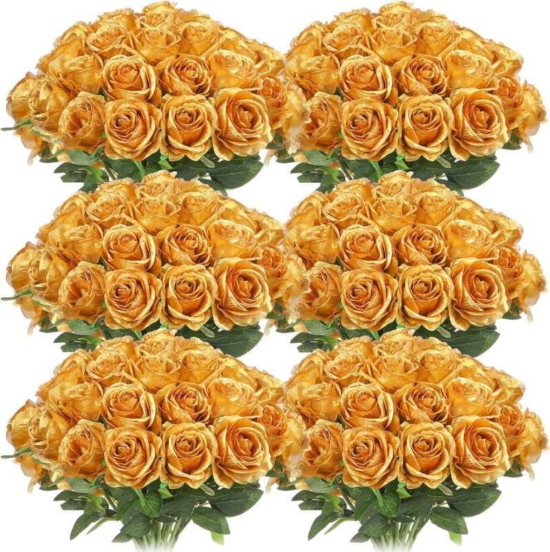 Photo 1 of 50 Pcs Artificial Rose Flower Realistic Silk Roses with Stem Bouquet of Flowers Plastic Flowers Real Looking Fake Roses for Home Wedding Centerpieces Party Decorations (Gold)
