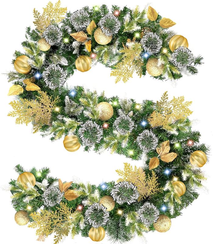 Photo 1 of [ Timer & 8 Modes ] 9Ft Prelit Gold Christmas Garland 100 Colorful Lights 16 Golden Balls 6 Cypress Leaves Thick 300 Snowy Bristle 15 Life-Like Tips Battery Operated Xmas Garland Decor Holiday Outdoor