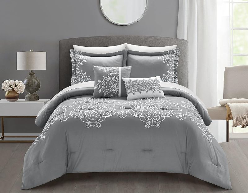 Photo 1 of  *Similar Item* Comforter Set Scroll Embroidered Bedding - Decorative Pillows Shams Included, Queen, Grey 