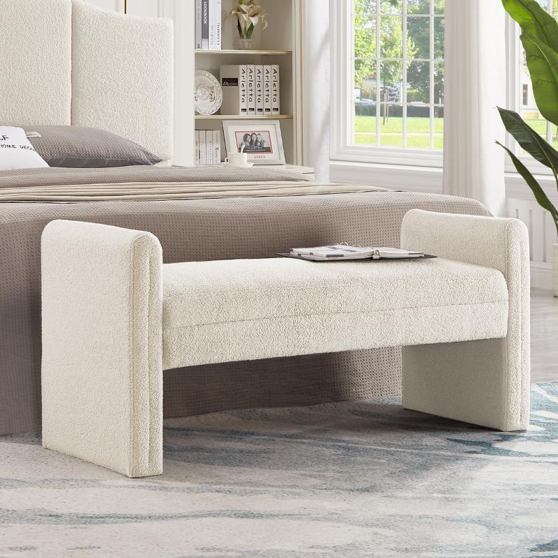 Photo 1 of 24KF Modern Boucle Teddy Lovely Bench, Upholstered Bed Bench Entryway Bench Ottoman with Armrest -Cream
