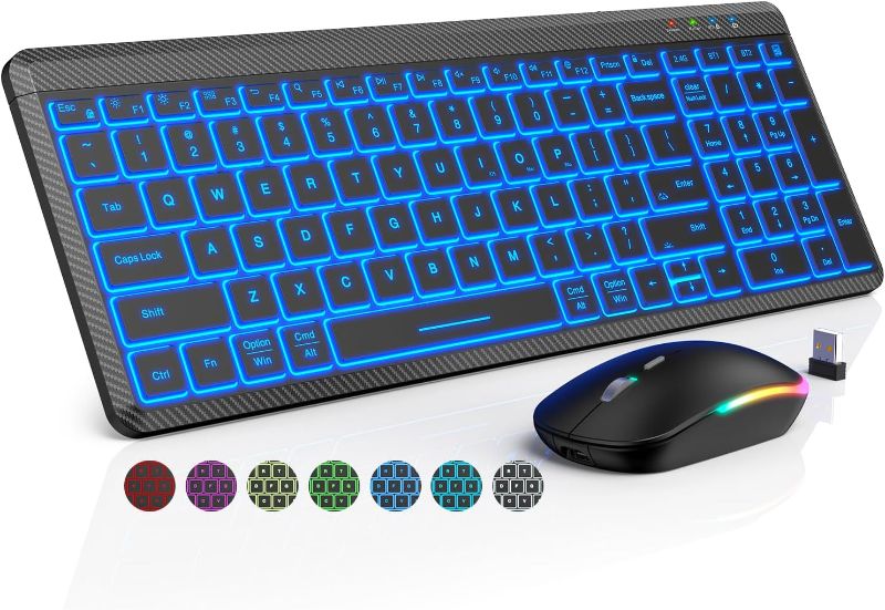 Photo 1 of Wireless Keyboard and Mouse Backlits, Slim Portable Rechargeable Multi-Device Bluetooth Keyboard with Number Pad, Switch up to 3 Devices, RGB Silent Mouse, for Mac, Windows, iOS, Android(Black)