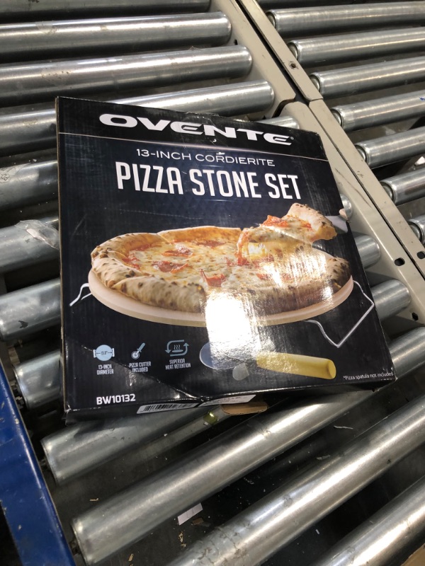 Photo 2 of ****DAMAGED******Ovente Ceramic Flat 13 Inch Pizza Stone Set with Crust Cutter Wheel & Metal Rack/Handle, Compact Easy Storage Portable Baking Grilling Stone Thermal Shock Resistance for Oven Grill BBQ, Beige BW10132